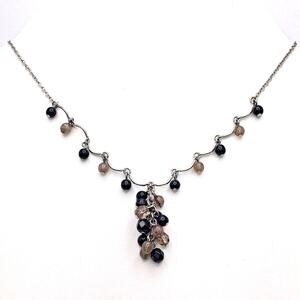Liz Claiborne Scalloped Bar Link Faux Onyx Smoky Quartz Cluster Y Drop Necklace